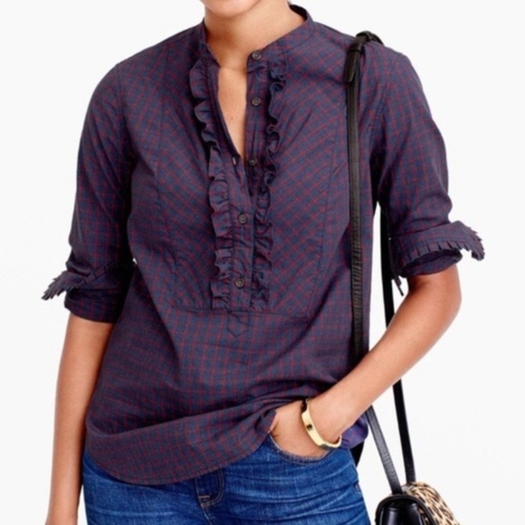 J. Crew Navy Plaid Ruffled Henley Tunic - Picture 2 of 10